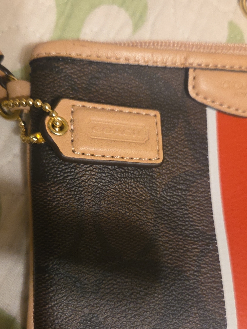 Coach Brown Signature Stripe Wristlet with Orange and White Accent Hang Tag - Picture 9 of 9